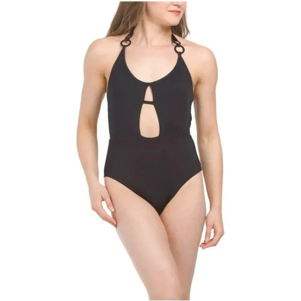 Trina Turk Monaco O-Ring Halter One Piece Swimsuit in‎ Black Size 12  NWT